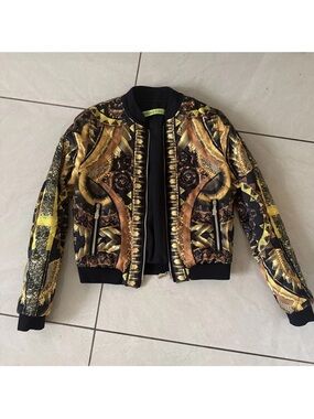 Versace Jeans Women Bomber Jacket Gold Baroque Print Zip Up Italy Size 38 US 2